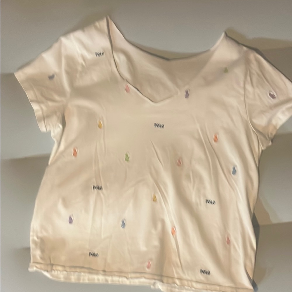 Polo Ralph Lauren Cream V-Neck Tee with Multicolor Embroidery